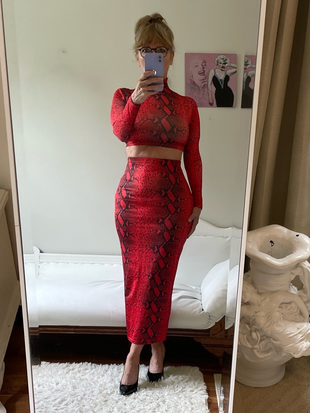 TWO PIECE RED BLACK SNAKE PRINT SKIRT SET LONG SLEEVE CROP TOP LONG SKIRT